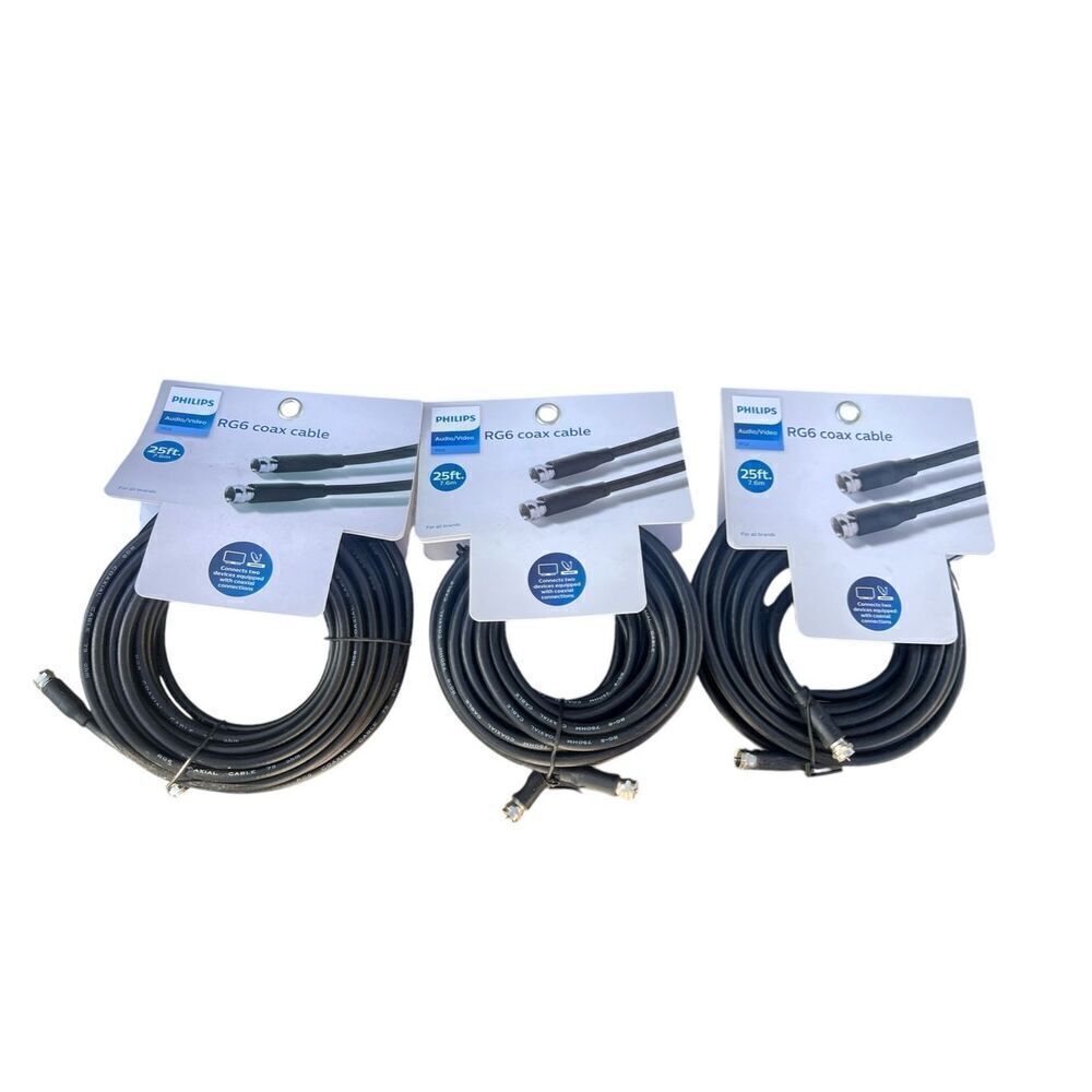 3 NEW Philips 25 ft (7.6 m) Audio/Video RG6 Coax Cable Universal Black